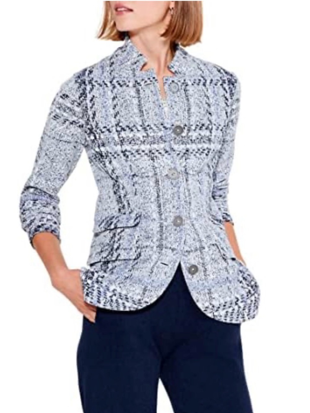 NIC+ZOE Blue White Textured Icicle Button Front Knit Blazer Pockets Office Sz PL
